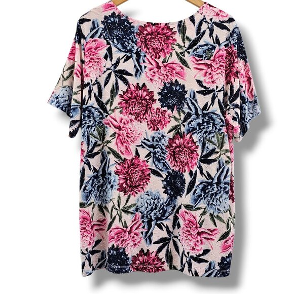 JM Collection Floral Top Woman 2X Short Sleeve Pink Blue Stretch Embellished - Picture 2 of 11